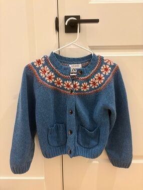 ZARA Blue Fair Isle Wool-Blend Cardigan with Red & White Accents